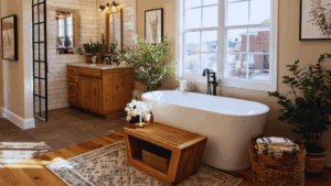 Modern bathroom remodel in Worcester MA featuring a freestanding tub, smart shower controls, and natural wood vanity.