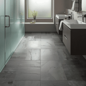 Modern bathroom with gray porcelain tile flooring installed by a bathroom contractor in CT
