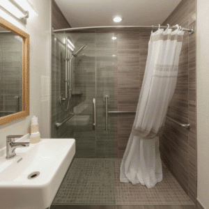 Modern accessible bathroom featuring a roll-in shower, wall-mounted sink, and safety grab bars installed by a professional contractor.