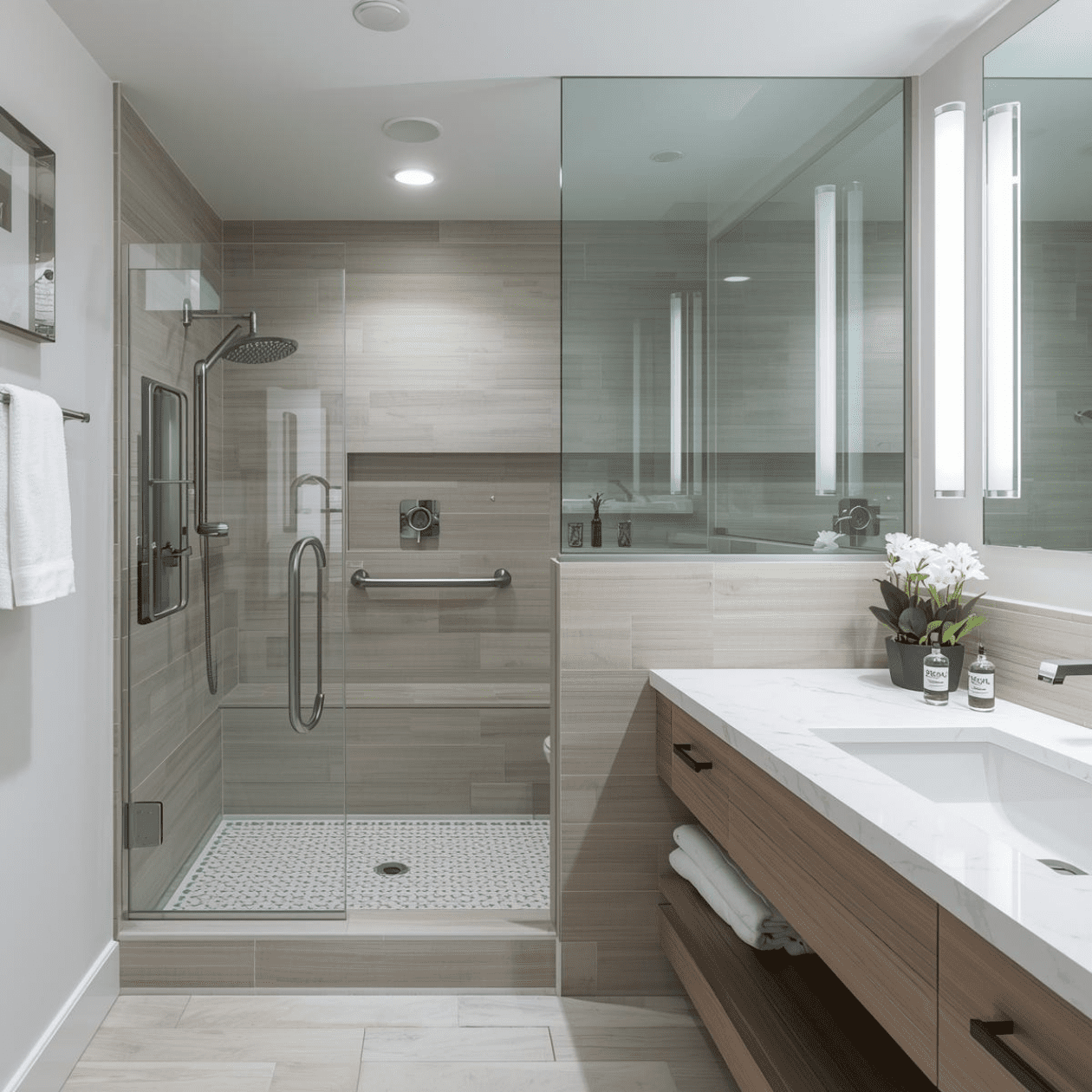Modern accessible bathroom featuring a curbless shower, grab bars, and floating vanity designed by Inaugural Home Improvement.
