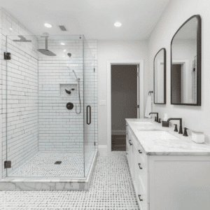Modern bathroom interior with white subway tile shower and double vanity during final inspection phase
